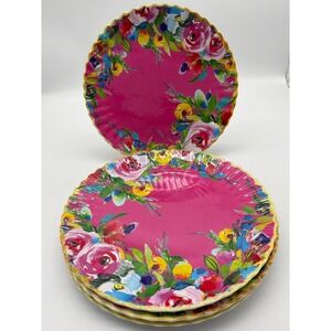Pier 1 Imports Bright Pink Floral Melamine Plates 10.5" Set Of 4
